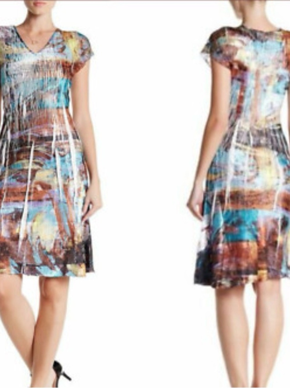 NWT Komarov V-Neck Cap Sleeve Crinkle Pleat Dress Lace Cap Sleeves Women’s S
